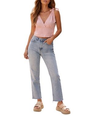 Topshop High-Rise Straight Leg Women Jeans in Light Blue Raw Hem